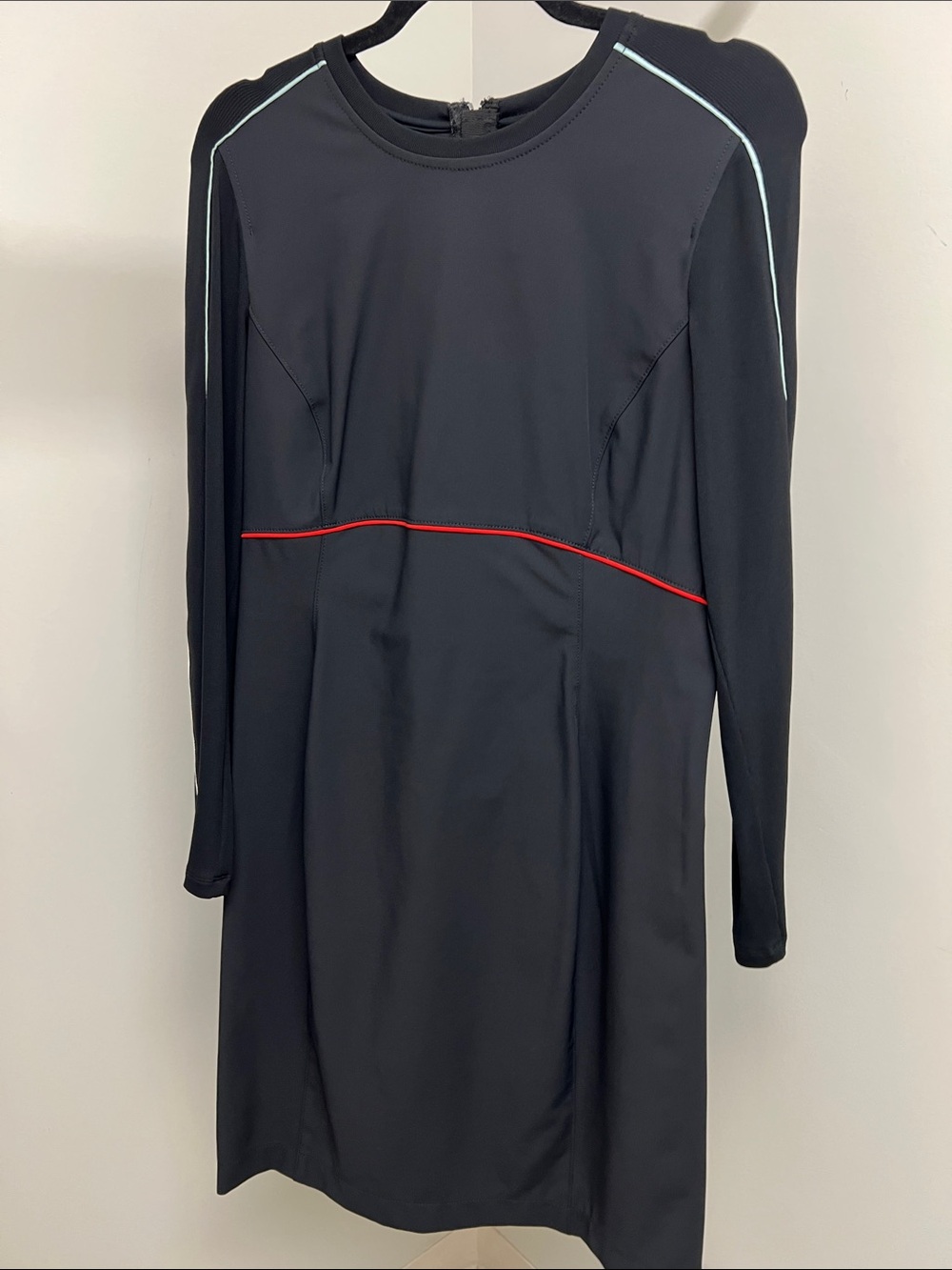 Marc Cain Black Long-Sleeve Shift Dress with Red and white Piping